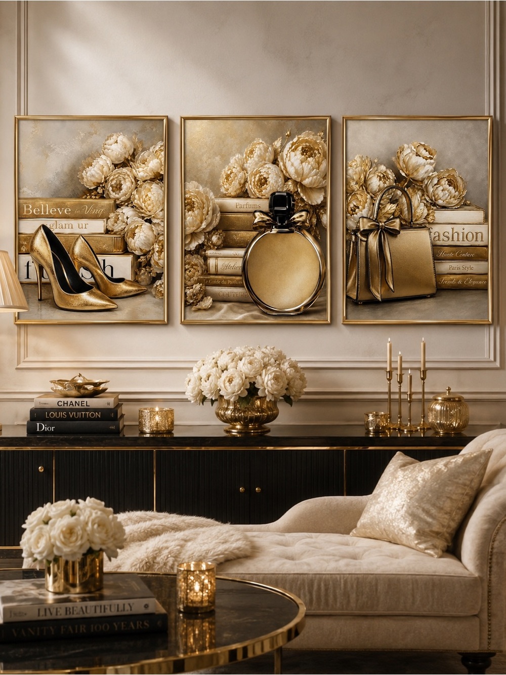 Set of 3 Fashion White Cream Gold Wall Art | Feminine CEO Bedroom Office Decor